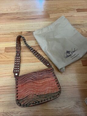 Patricia Nash Orange-Brown Wave Pattern Leather Shoulder Bag